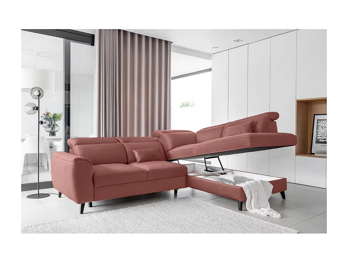 Canapé d'angle convertible avec rangement tissu NOBLESSE - Pieds bois noir-Rose-angle droit