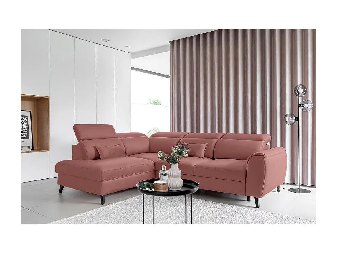 Canapé d'angle convertible avec rangement tissu NOBLESSE - Pieds bois noir-Rose-angle droit