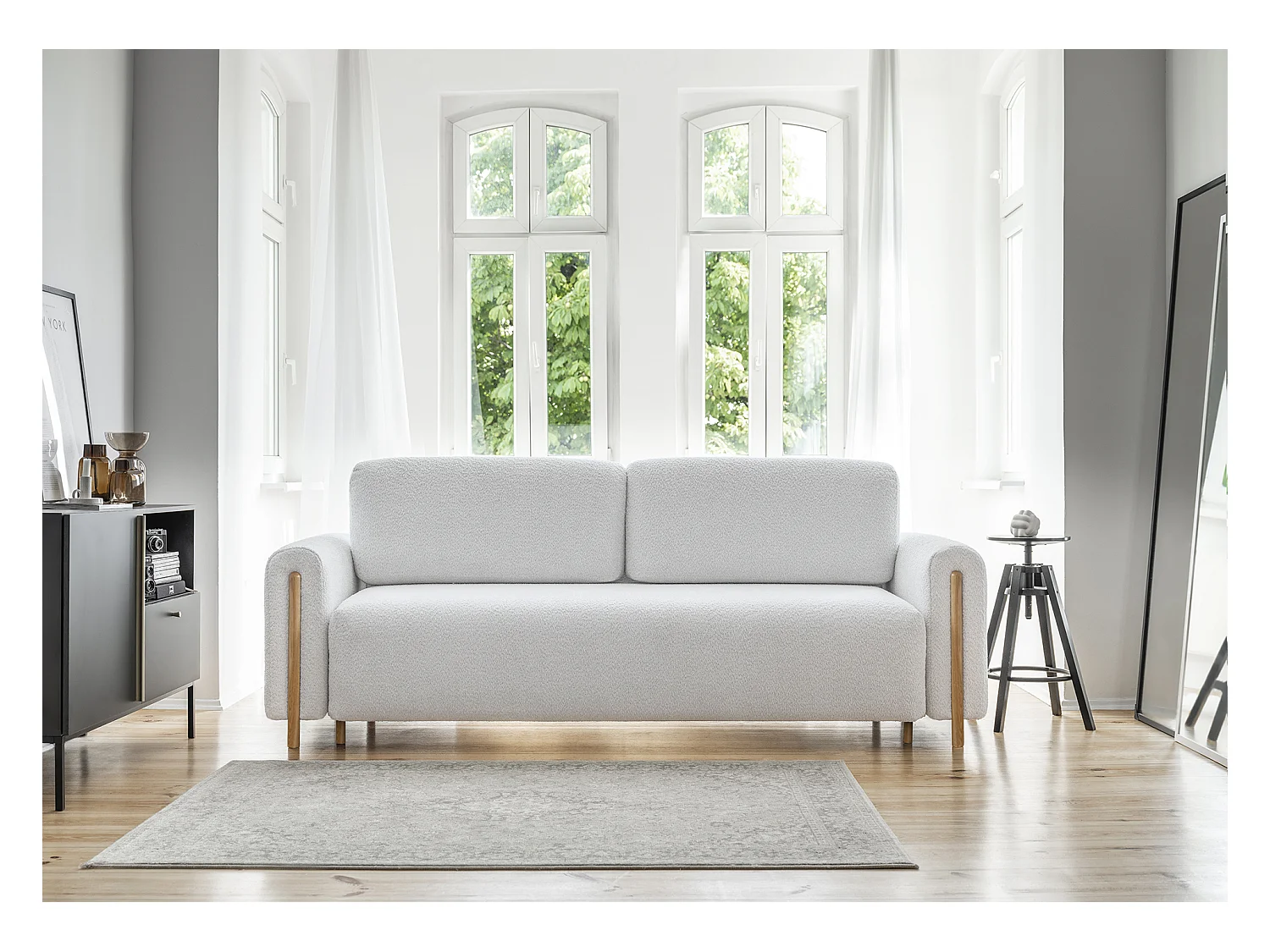 Canapé convertible en tissu bouclette DOVA - Pieds bois massif naturel-Gris souris