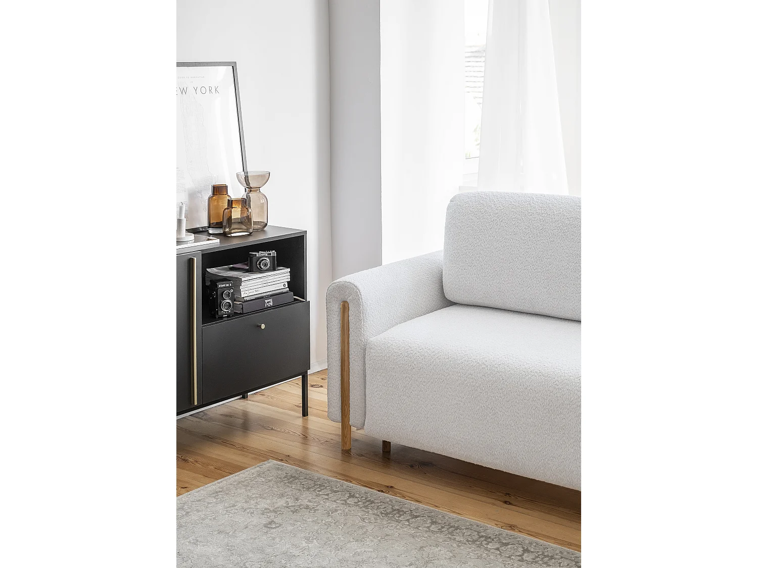 Canapé convertible en tissu bouclette DOVA - Pieds bois massif naturel-Gris souris