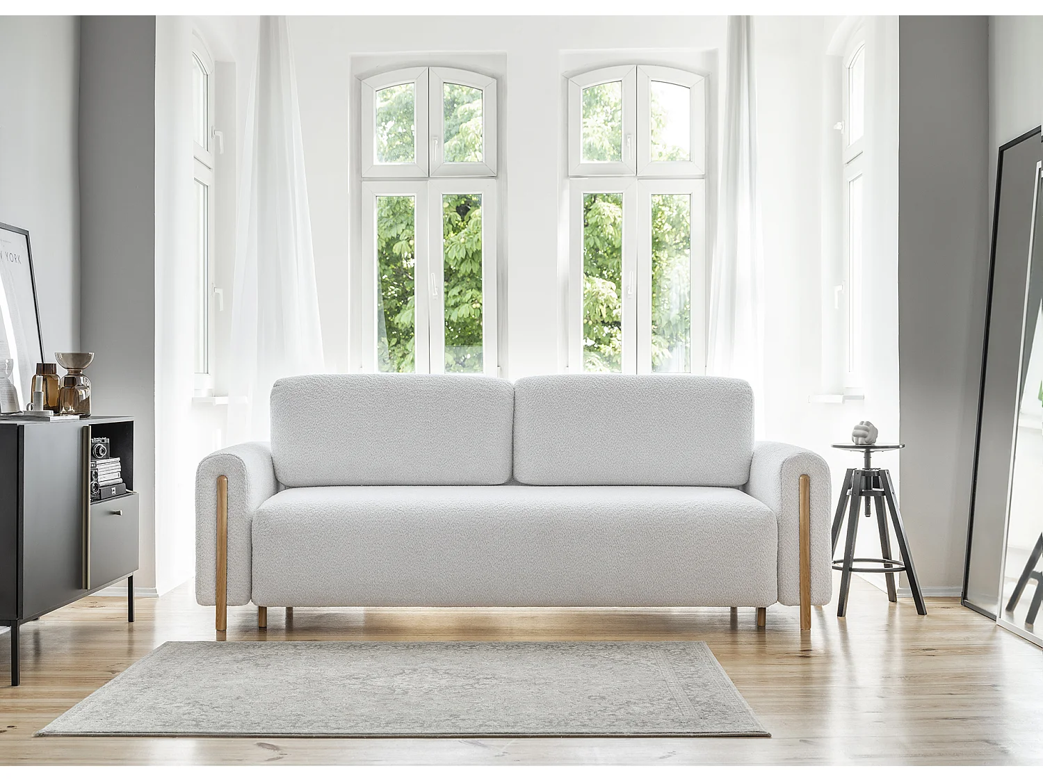 Canapé convertible en tissu bouclette DOVA - Pieds bois massif naturel-Gris souris