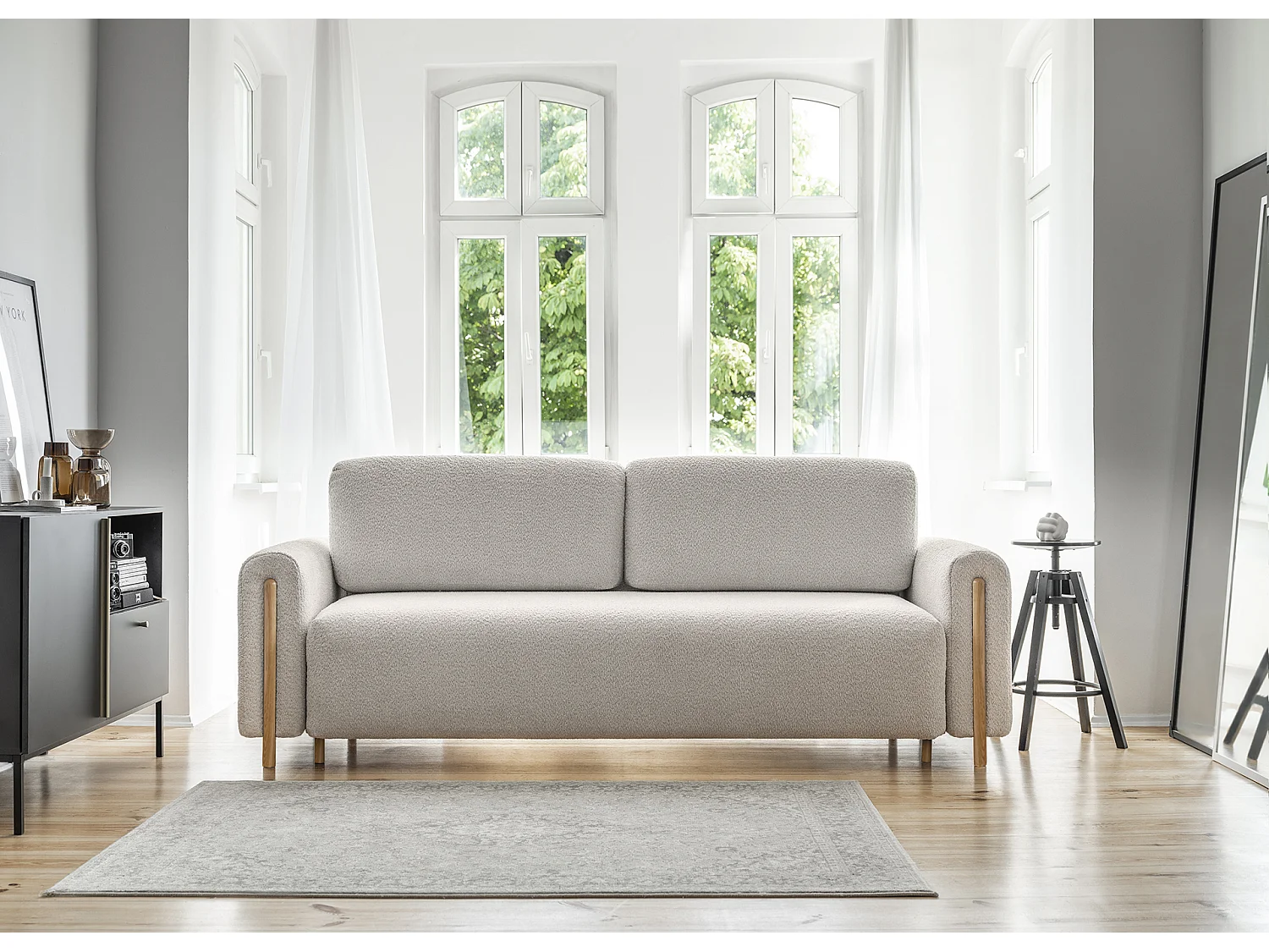 Canapé convertible en tissu bouclette DOVA - Pieds bois massif naturel-Gris souris