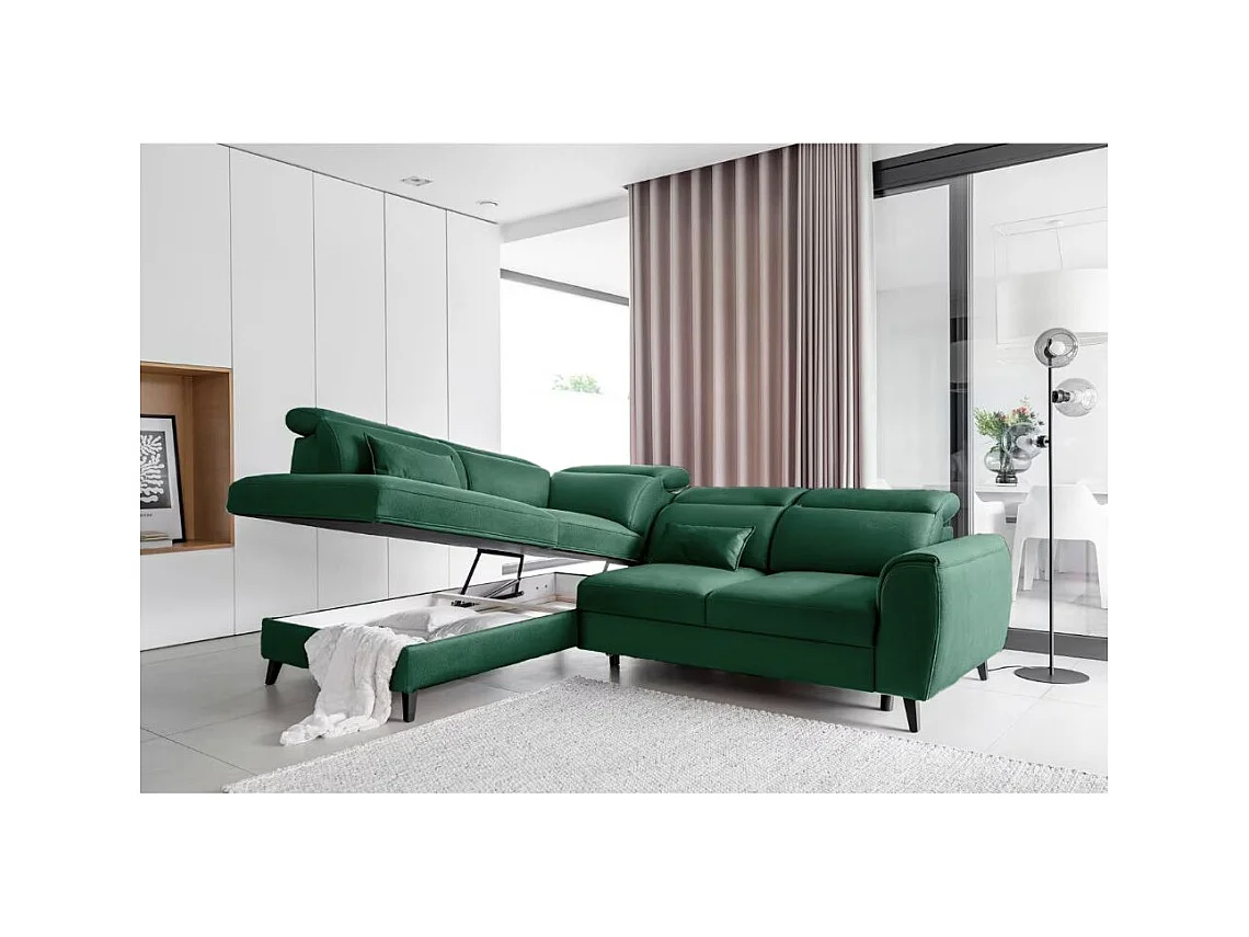 Canapé d'angle convertible avec rangement tissu NOBLESSE - Pieds bois noir-Vert-angle gauche