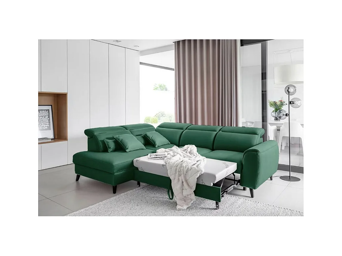 Canapé d'angle convertible avec rangement tissu NOBLESSE - Pieds bois noir-Vert-angle gauche