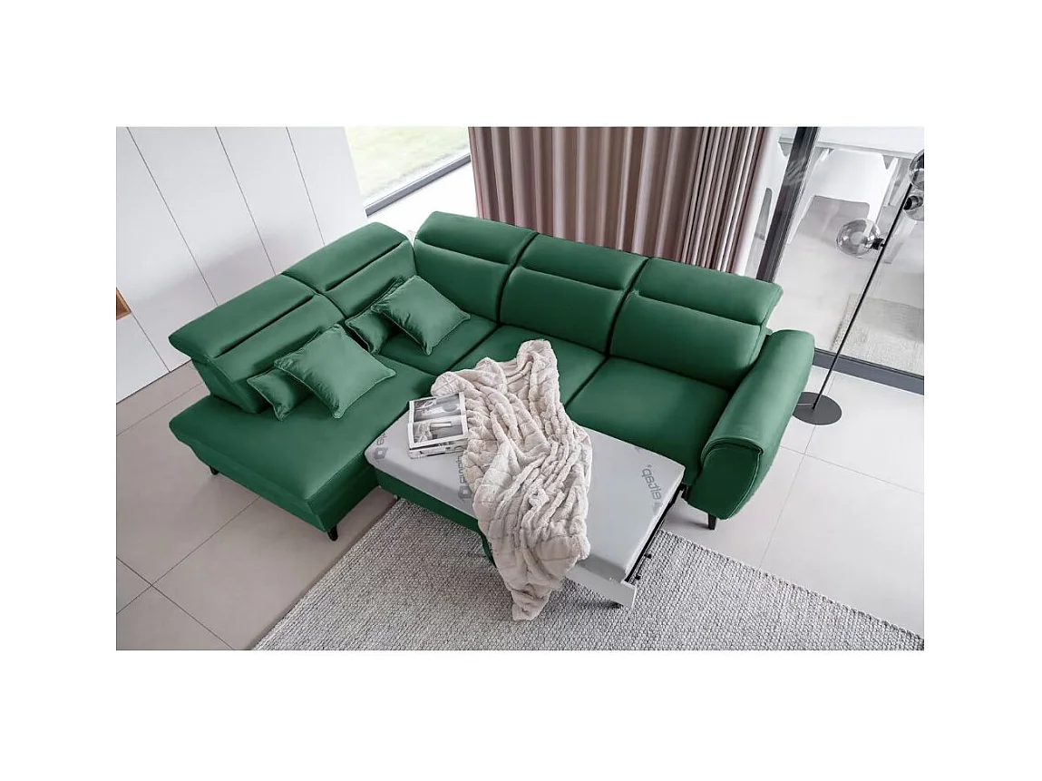 Canapé d'angle convertible avec rangement tissu NOBLESSE - Pieds bois noir-Vert-angle gauche