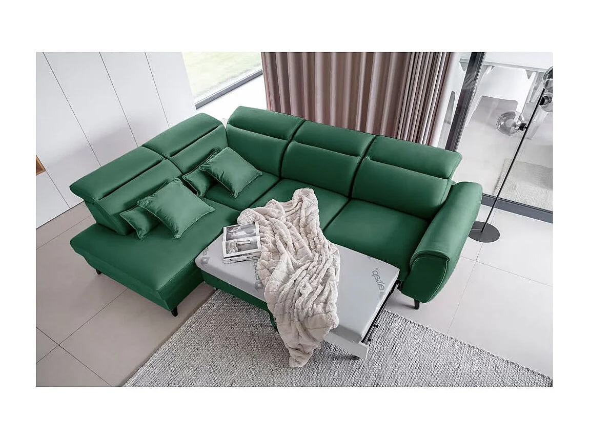 Canapé d'angle convertible avec rangement tissu NOBLESSE - Pieds bois noir-Vert-angle gauche