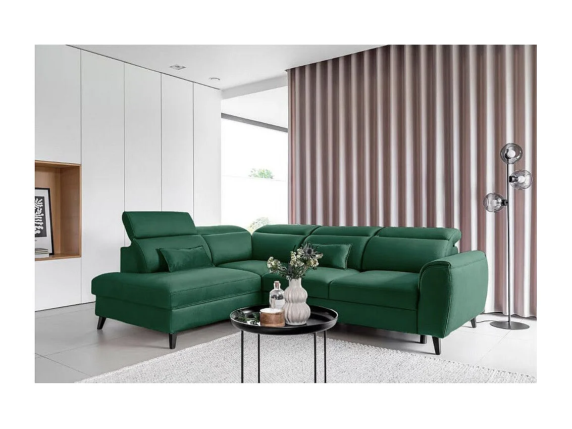 Canapé d'angle convertible avec rangement tissu NOBLESSE - Pieds bois noir-Vert-angle gauche