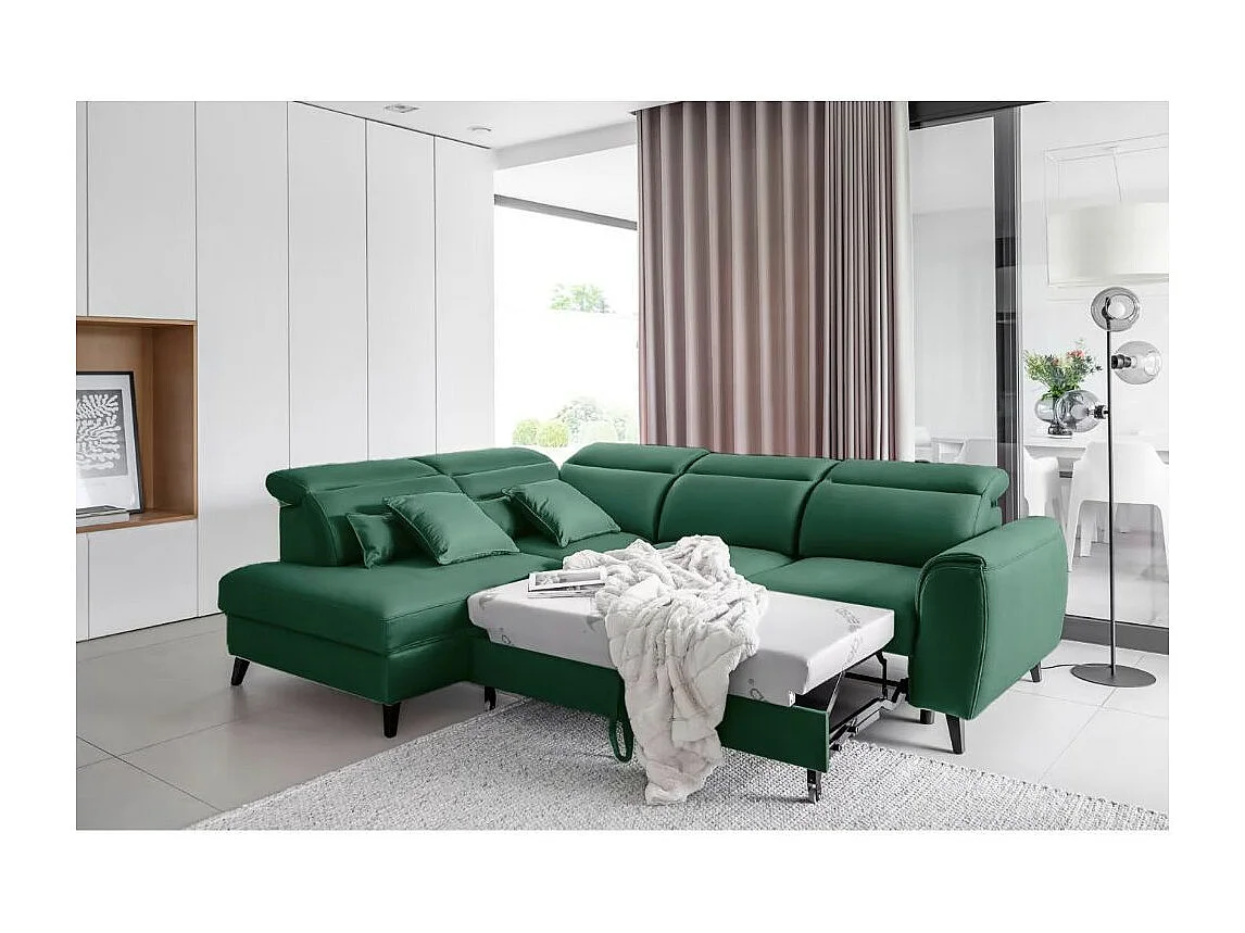 Canapé d'angle convertible avec rangement tissu NOBLESSE - Pieds bois noir-Vert-angle gauche