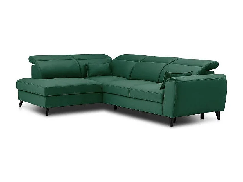 Canapé d'angle convertible avec rangement tissu NOBLESSE - Pieds bois noir-Vert-angle gauche