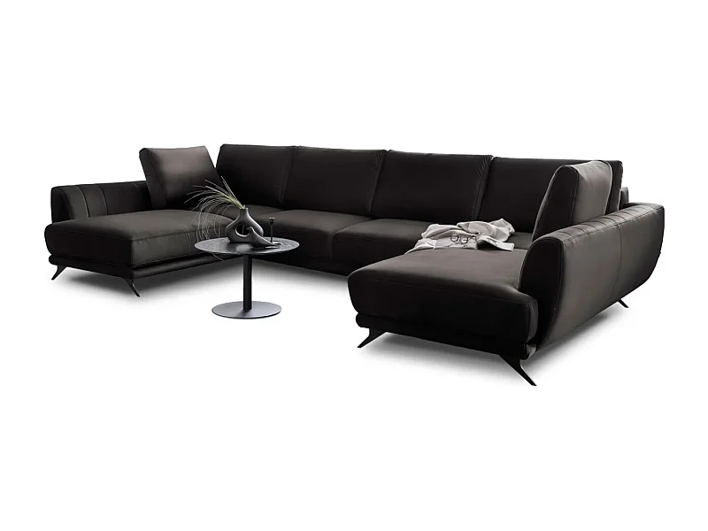 Canapé panoramique convertible LARGOS - Velours irrésistiblement douillet-Marron foncé