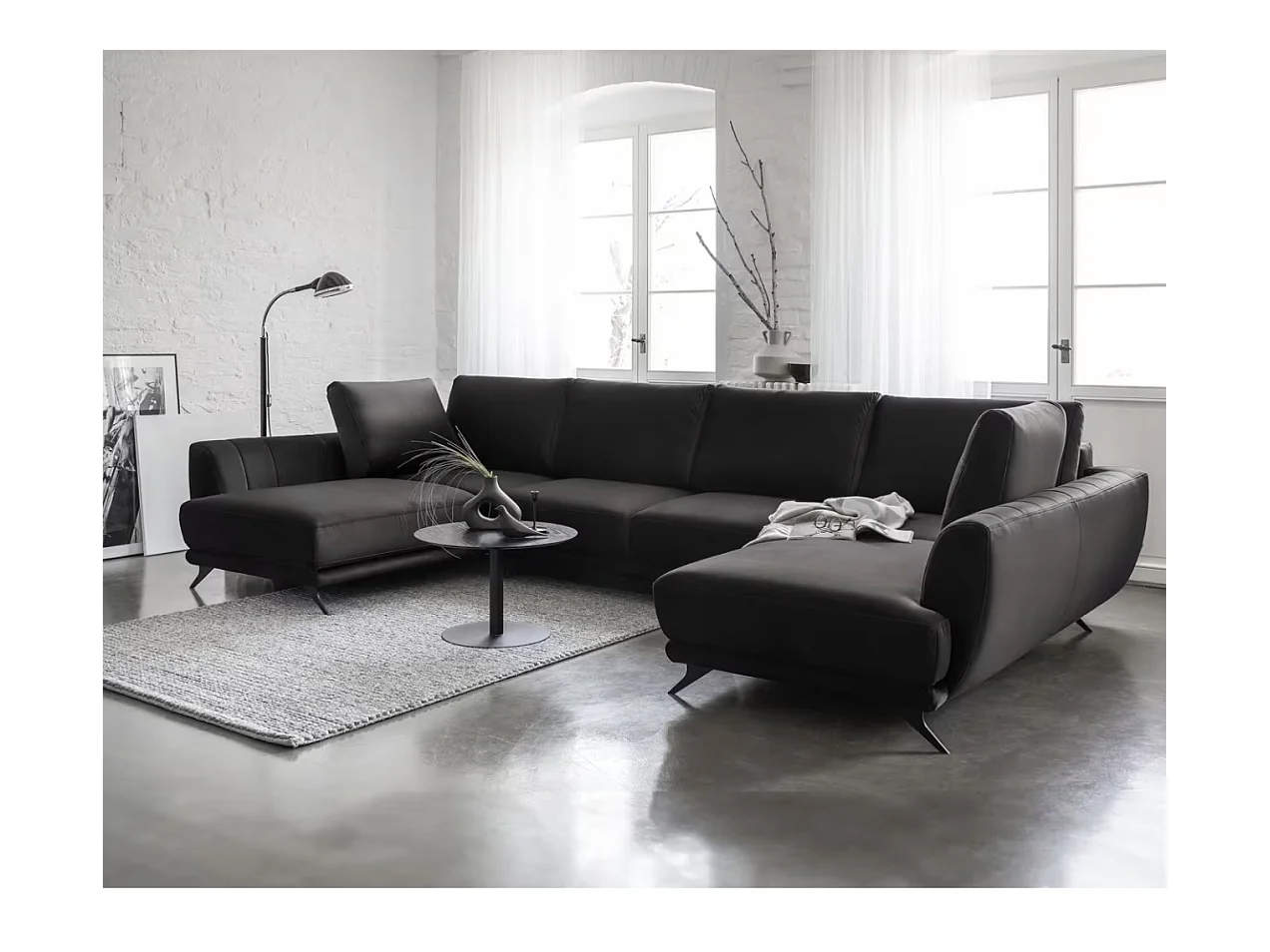 Canapé panoramique convertible LARGOS - Velours irrésistiblement douillet-Marron foncé