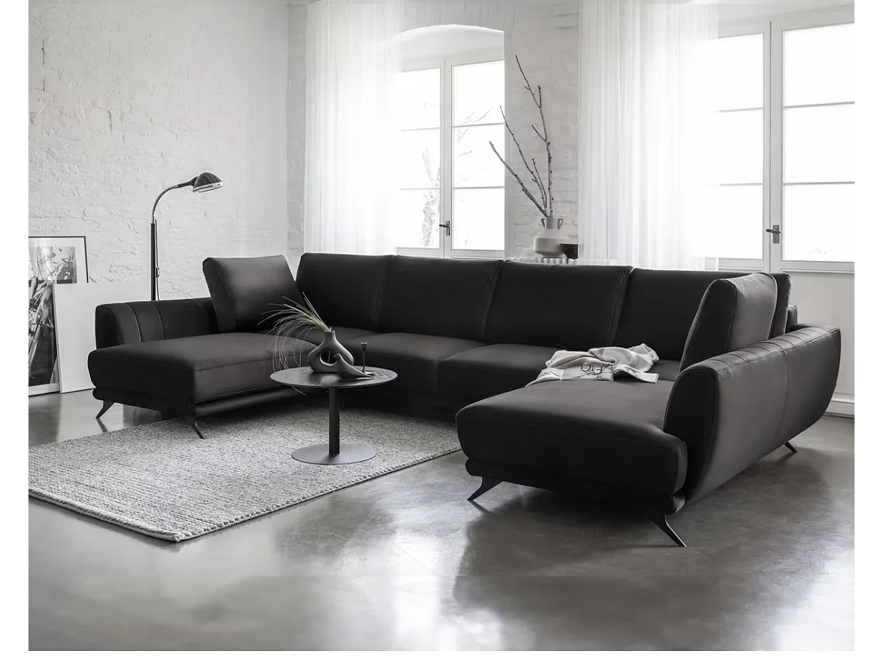 Canapé panoramique convertible LARGOS - Velours irrésistiblement douillet-Marron foncé