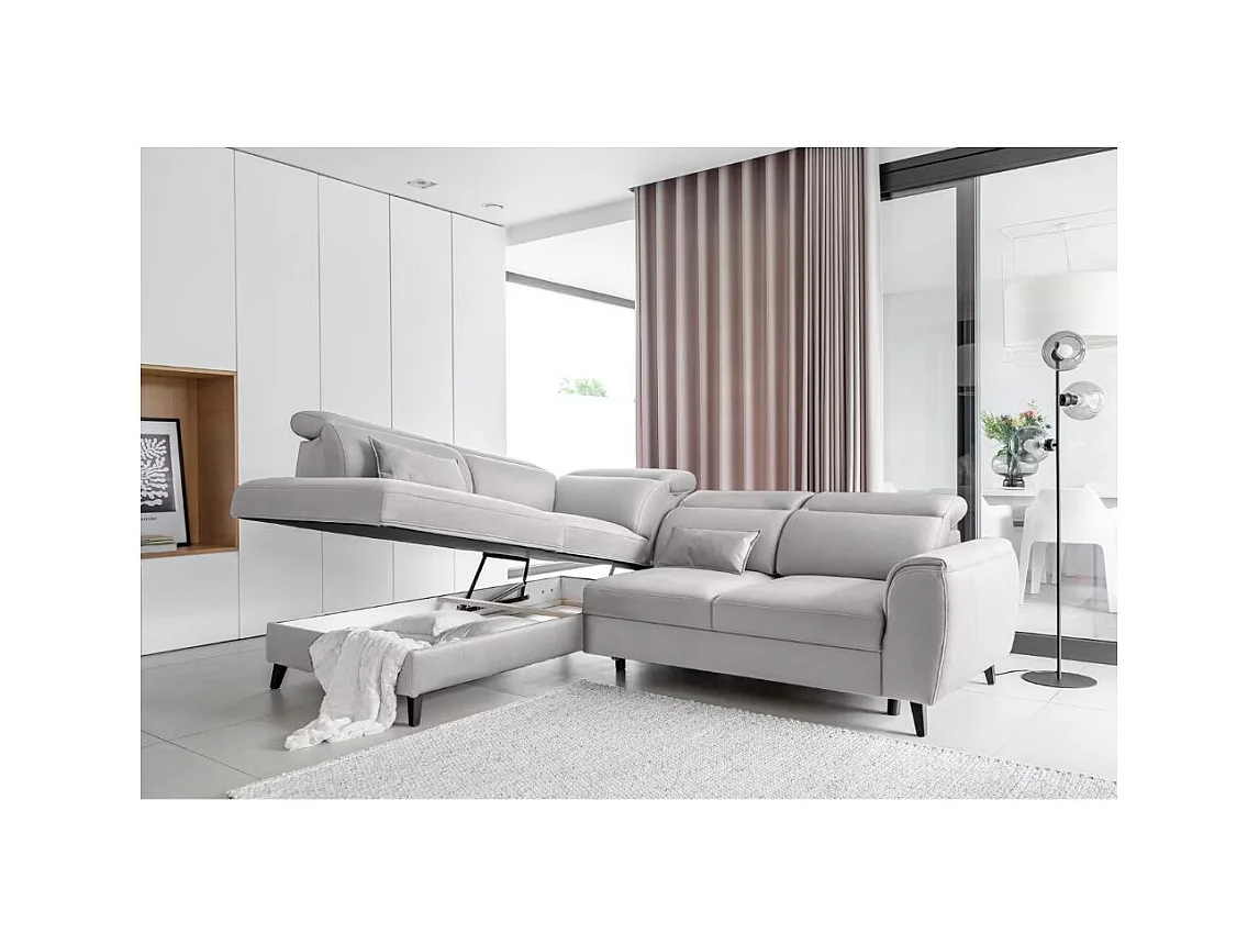 Canapé d'angle convertible avec rangement velours NOBLESSE - Pieds bois noir-Gris clair-angle gauche