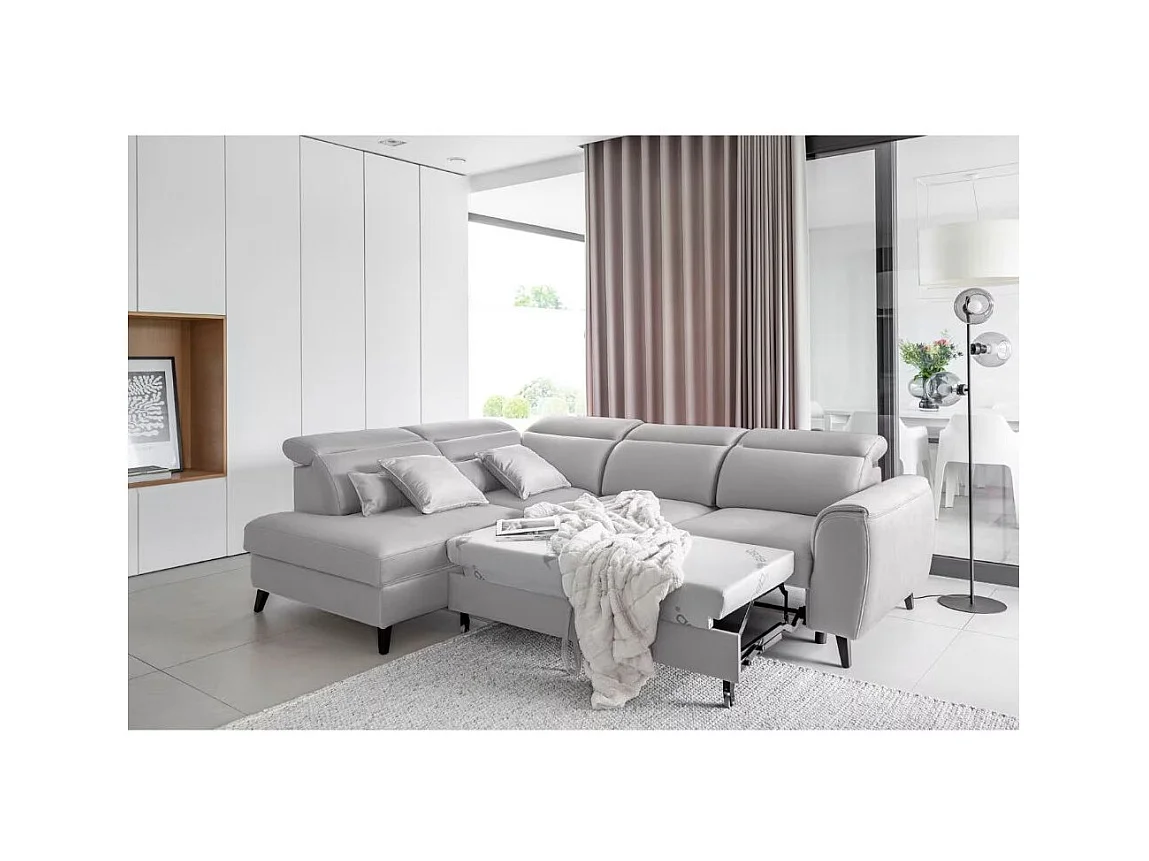 Canapé d'angle convertible avec rangement velours NOBLESSE - Pieds bois noir-Gris clair-angle gauche