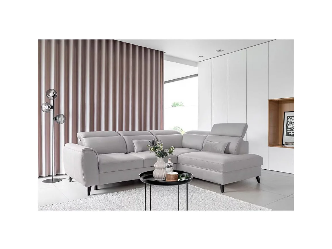 Canapé d'angle convertible avec rangement velours NOBLESSE - Pieds bois noir-Gris clair-angle gauche