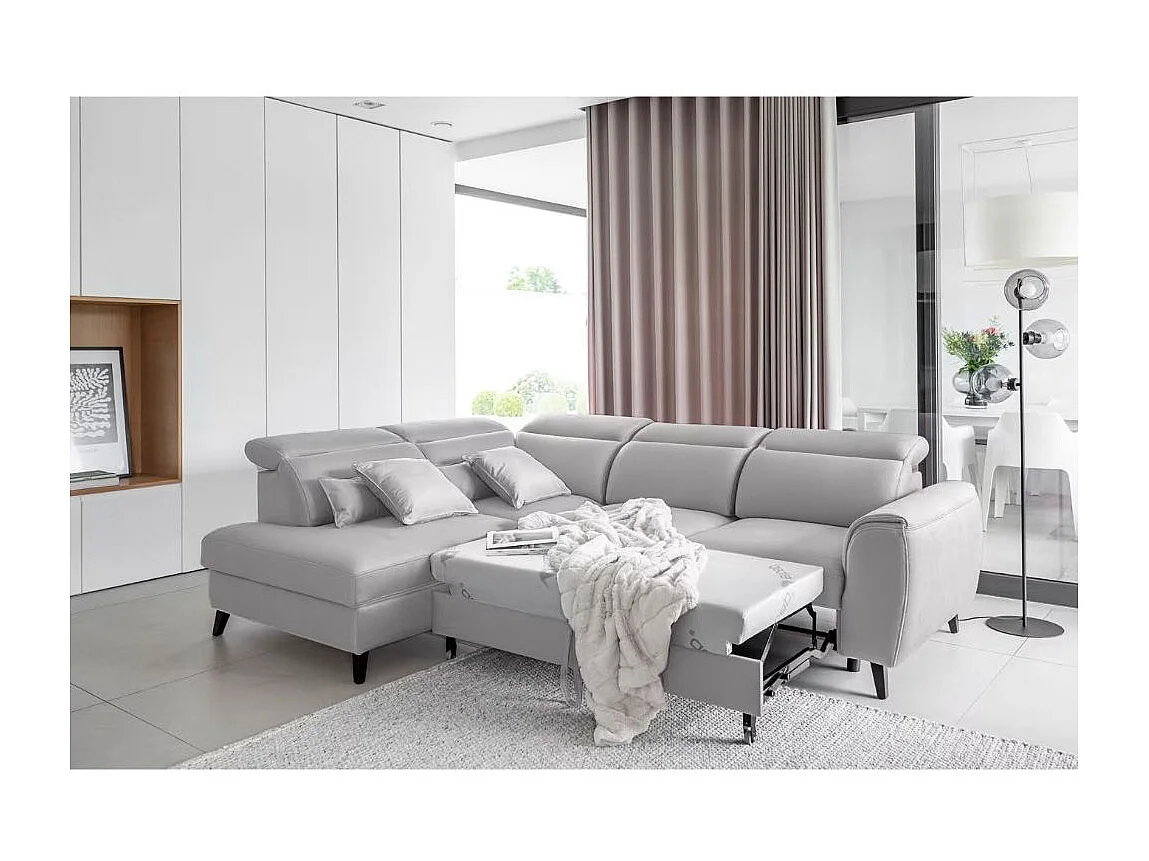 Canapé d'angle convertible avec rangement velours NOBLESSE - Pieds bois noir-Gris clair-angle gauche