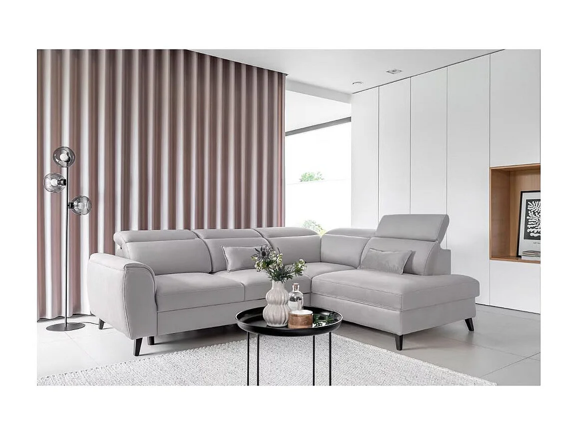 Canapé d'angle convertible avec rangement velours NOBLESSE - Pieds bois noir-Gris clair-angle gauche