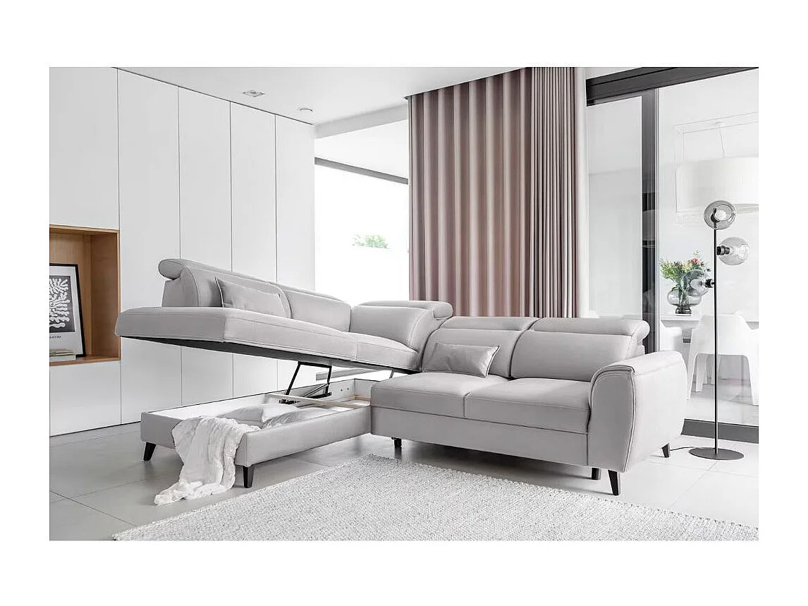 Canapé d'angle convertible avec rangement velours NOBLESSE - Pieds bois noir-Gris clair-angle gauche