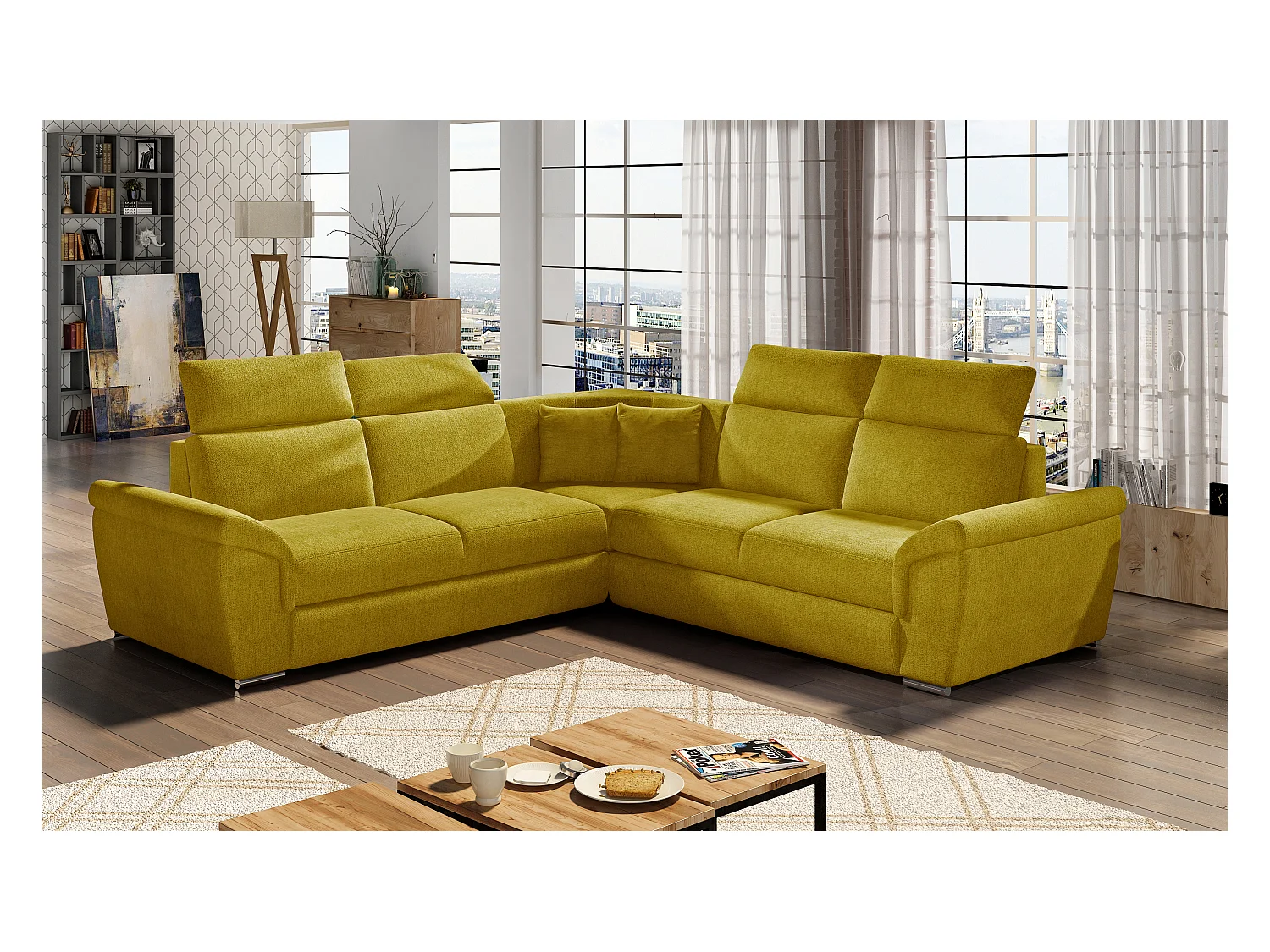 Canapé d'angle réversible et convertible tissu Neo - Pieds acier chromé-Moutarde