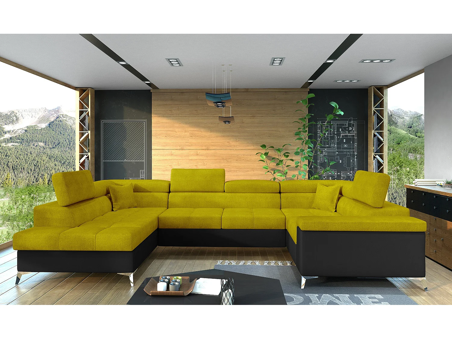 Canapé panoramique convertible TRIANO Bi matière - têtières réglables-Noir/Jaune olive-Coffre à gauche