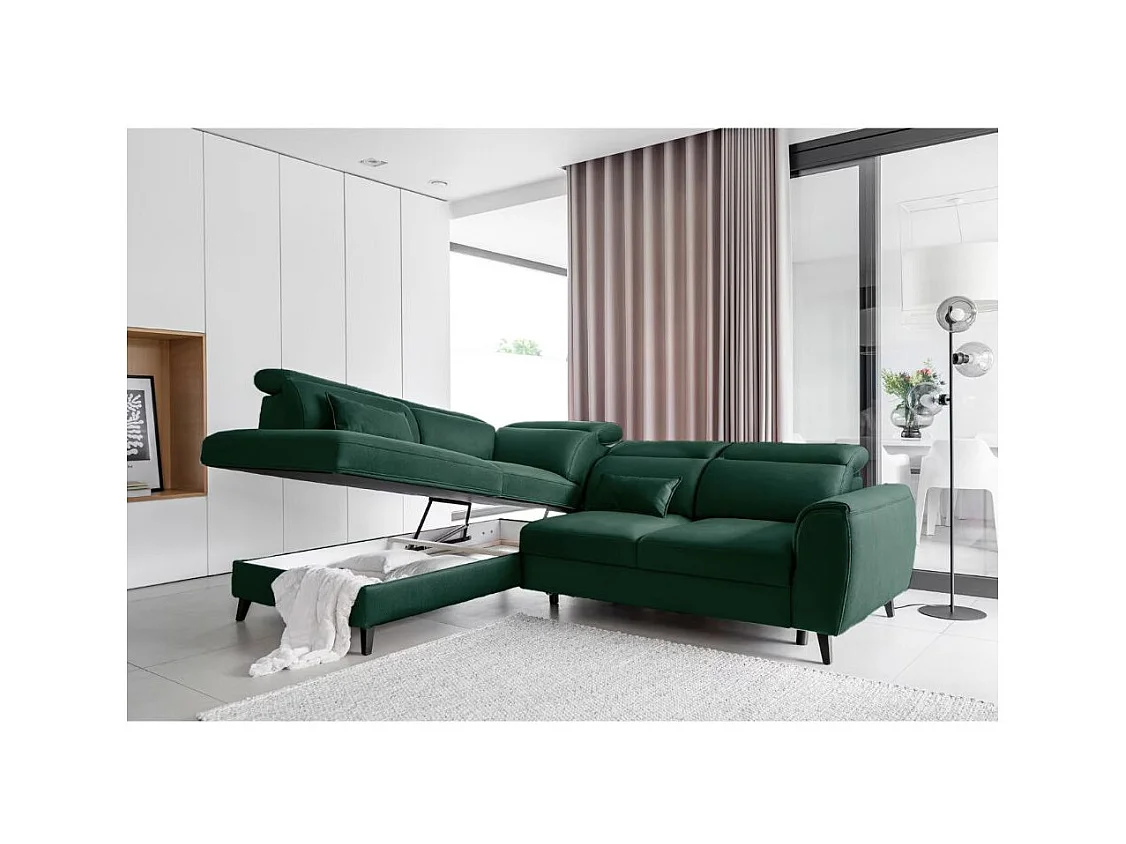Canapé d'angle convertible avec rangement velours NOBLESSE - Pieds bois noir-Vert foncé-angle gauche