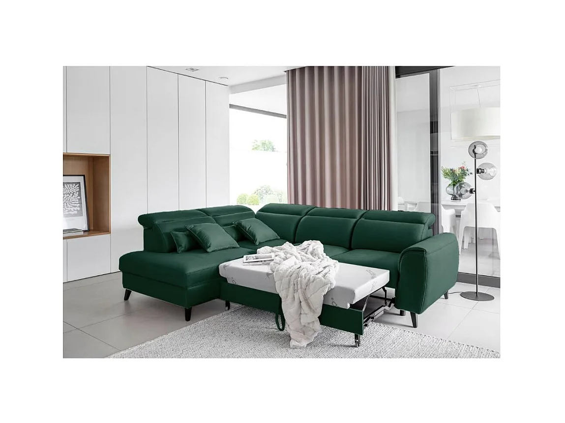 Canapé d'angle convertible avec rangement velours NOBLESSE - Pieds bois noir-Vert foncé-angle gauche