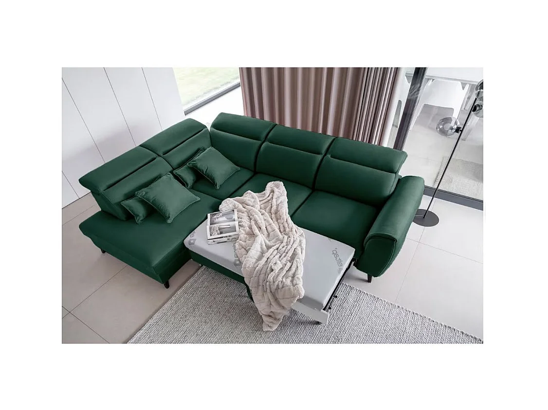 Canapé d'angle convertible avec rangement velours NOBLESSE - Pieds bois noir-Vert foncé-angle gauche