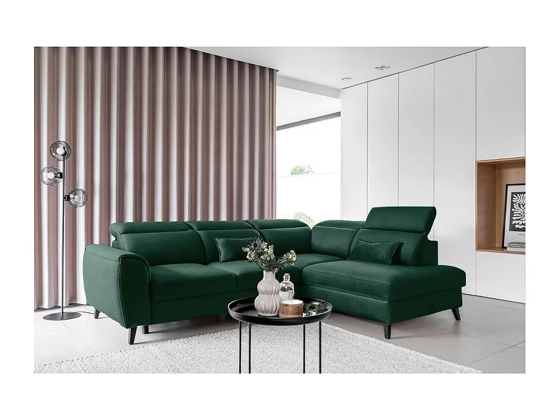 Canapé d'angle convertible avec rangement velours NOBLESSE - Pieds bois noir-Vert foncé-angle gauche