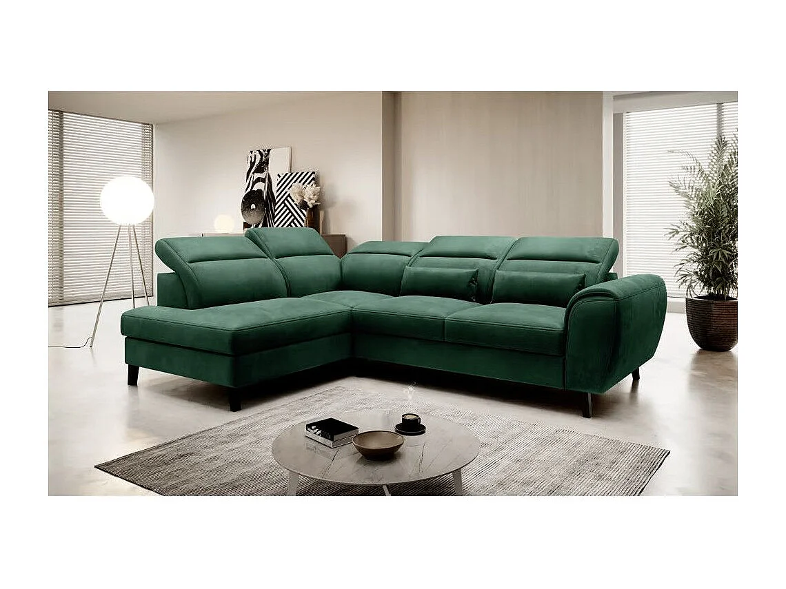 Canapé d'angle convertible avec rangement velours NOBLESSE - Pieds bois noir-Vert foncé-angle gauche