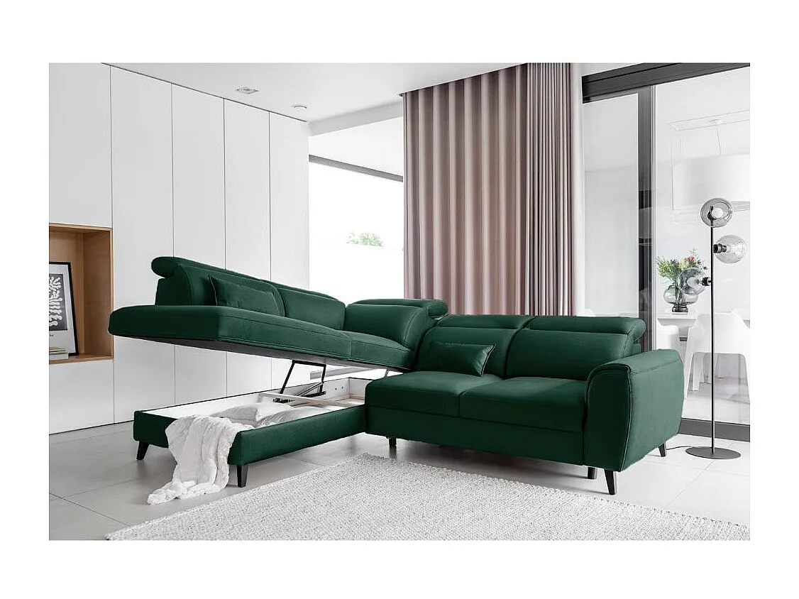 Canapé d'angle convertible avec rangement velours NOBLESSE - Pieds bois noir-Vert foncé-angle gauche