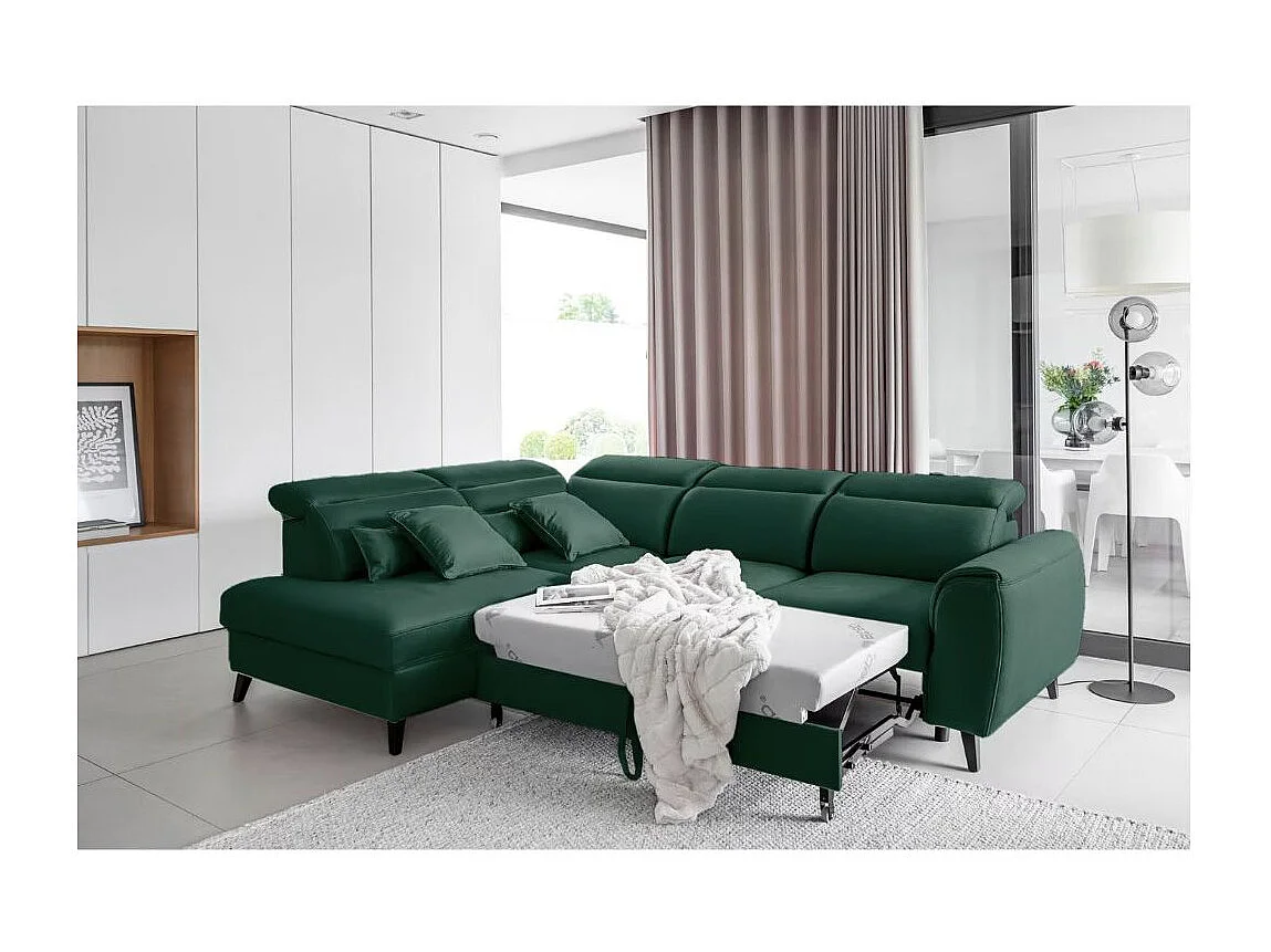 Canapé d'angle convertible avec rangement velours NOBLESSE - Pieds bois noir-Vert foncé-angle gauche