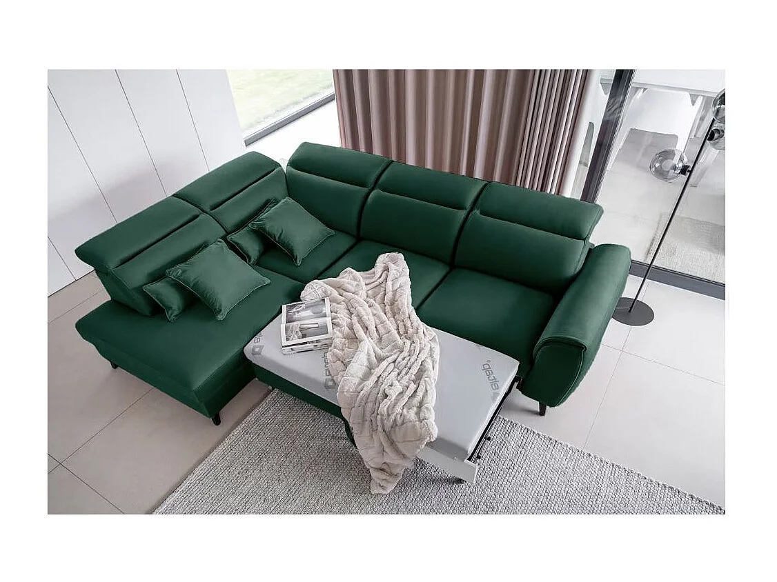 Canapé d'angle convertible avec rangement velours NOBLESSE - Pieds bois noir-Vert foncé-angle gauche