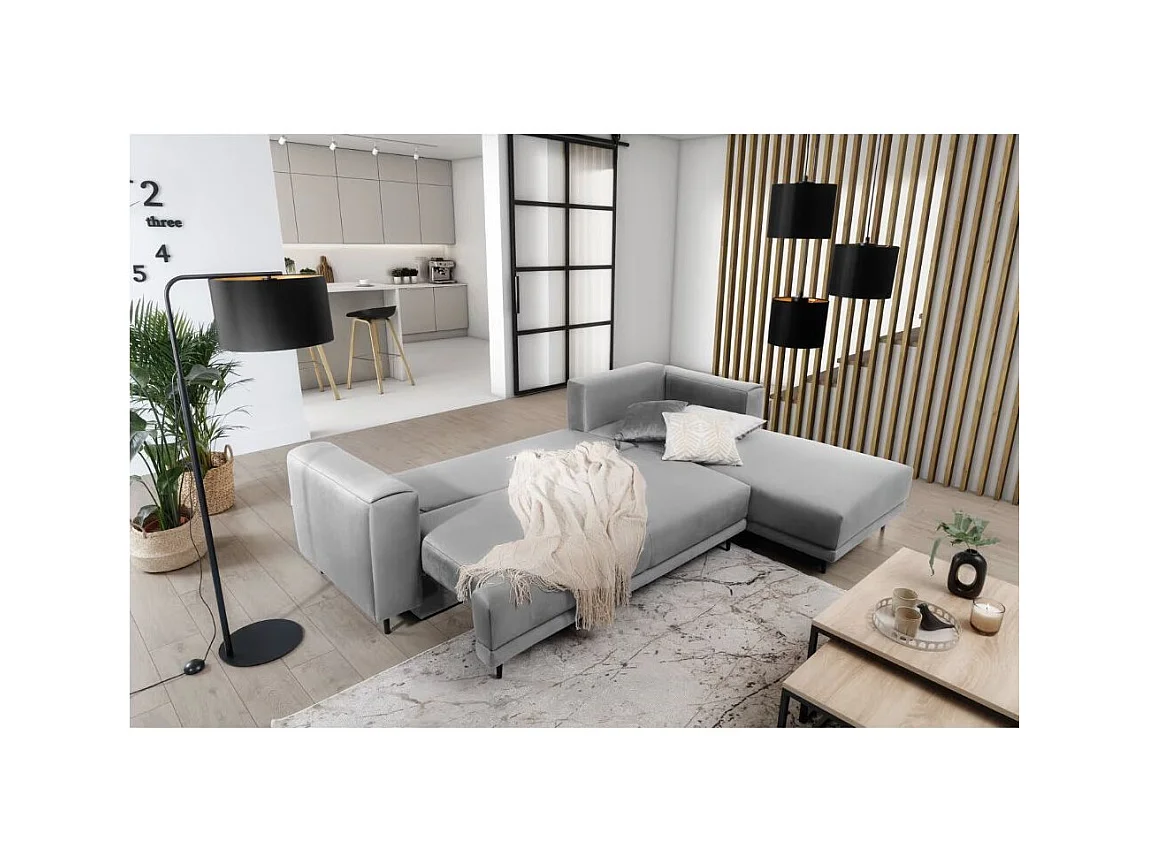 Canapé d'angle convertible velours DAVINA - Coffre et pieds métal noir-Gris clair-angle droit