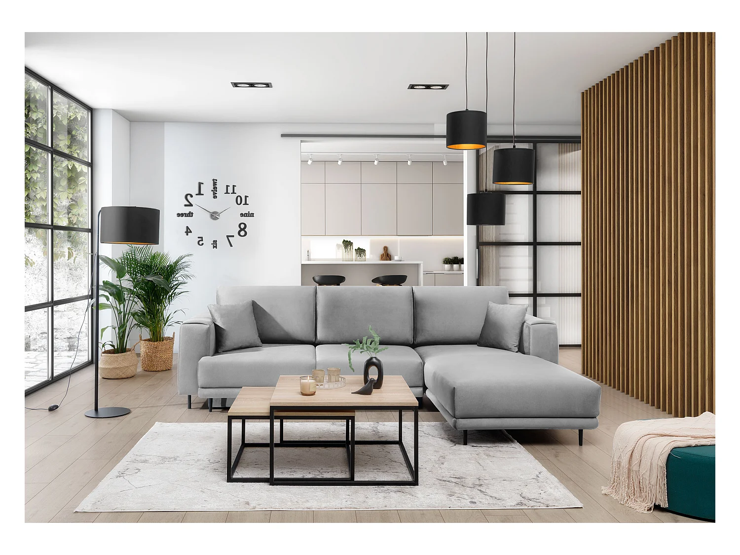 Canapé d'angle convertible velours DAVINA - Coffre et pieds métal noir-Gris clair-angle droit