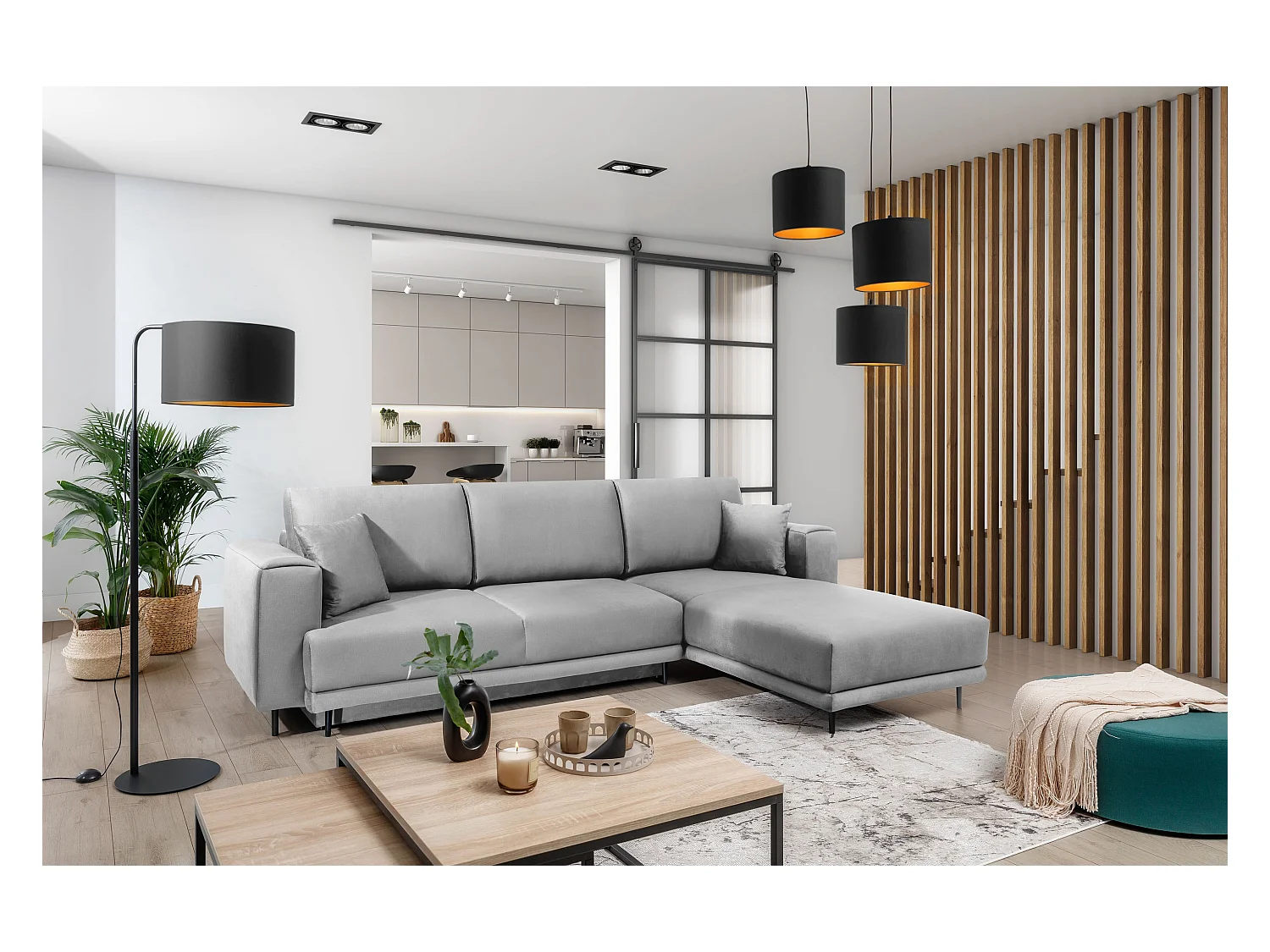 Canapé d'angle convertible velours DAVINA - Coffre et pieds métal noir-Gris clair-angle droit