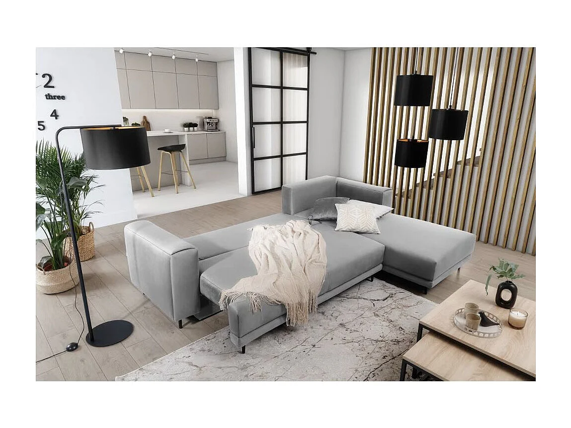 Canapé d'angle convertible velours DAVINA - Coffre et pieds métal noir-Gris clair-angle droit