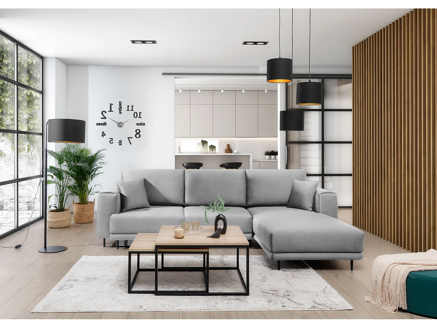 Canapé d'angle convertible velours DAVINA - Coffre et pieds métal noir-Gris clair-angle droit