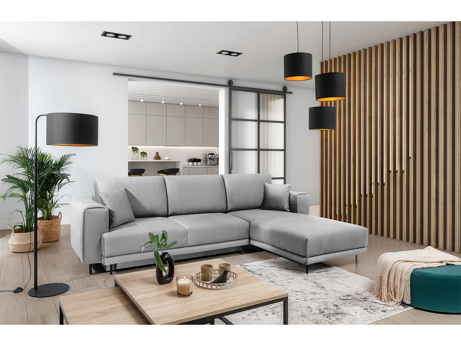 Canapé d'angle convertible velours DAVINA - Coffre et pieds métal noir-Gris clair-angle droit