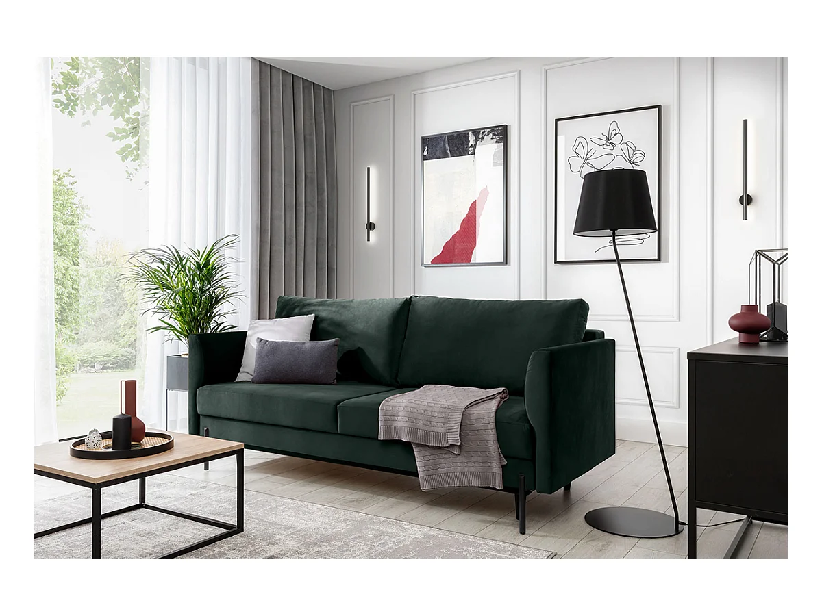 Canapé convertible en velours ROBBY – Rangement et pieds métal noir-Vert épinard