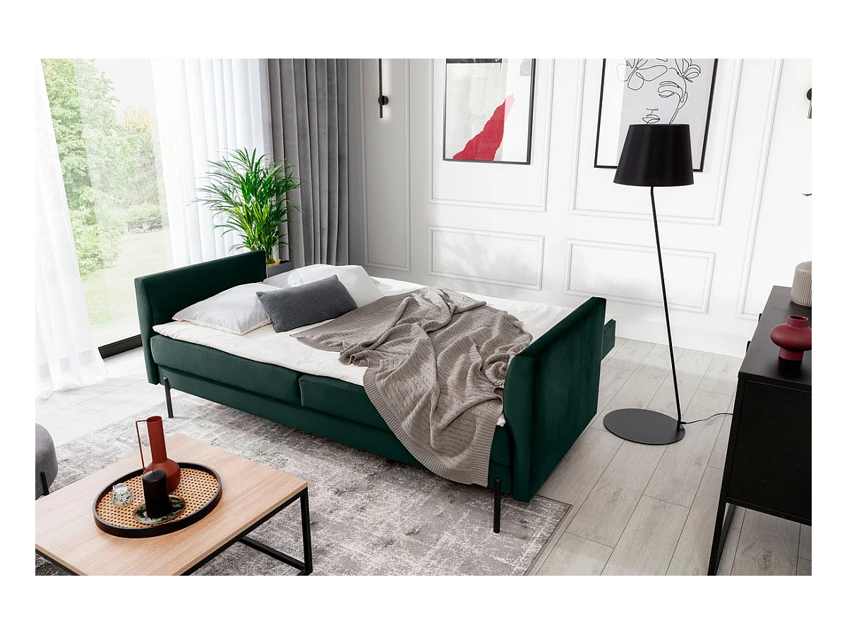 Canapé convertible en velours ROBBY – Rangement et pieds métal noir-Vert épinard