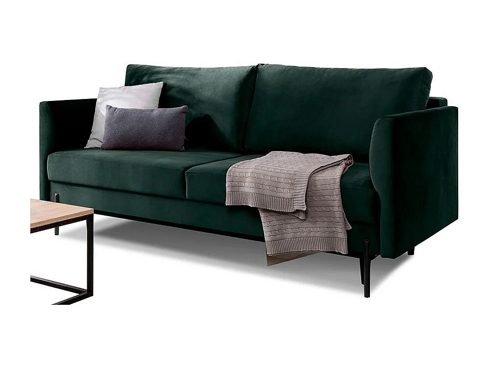 Canapé convertible en velours ROBBY – Rangement et pieds métal noir-Vert épinard