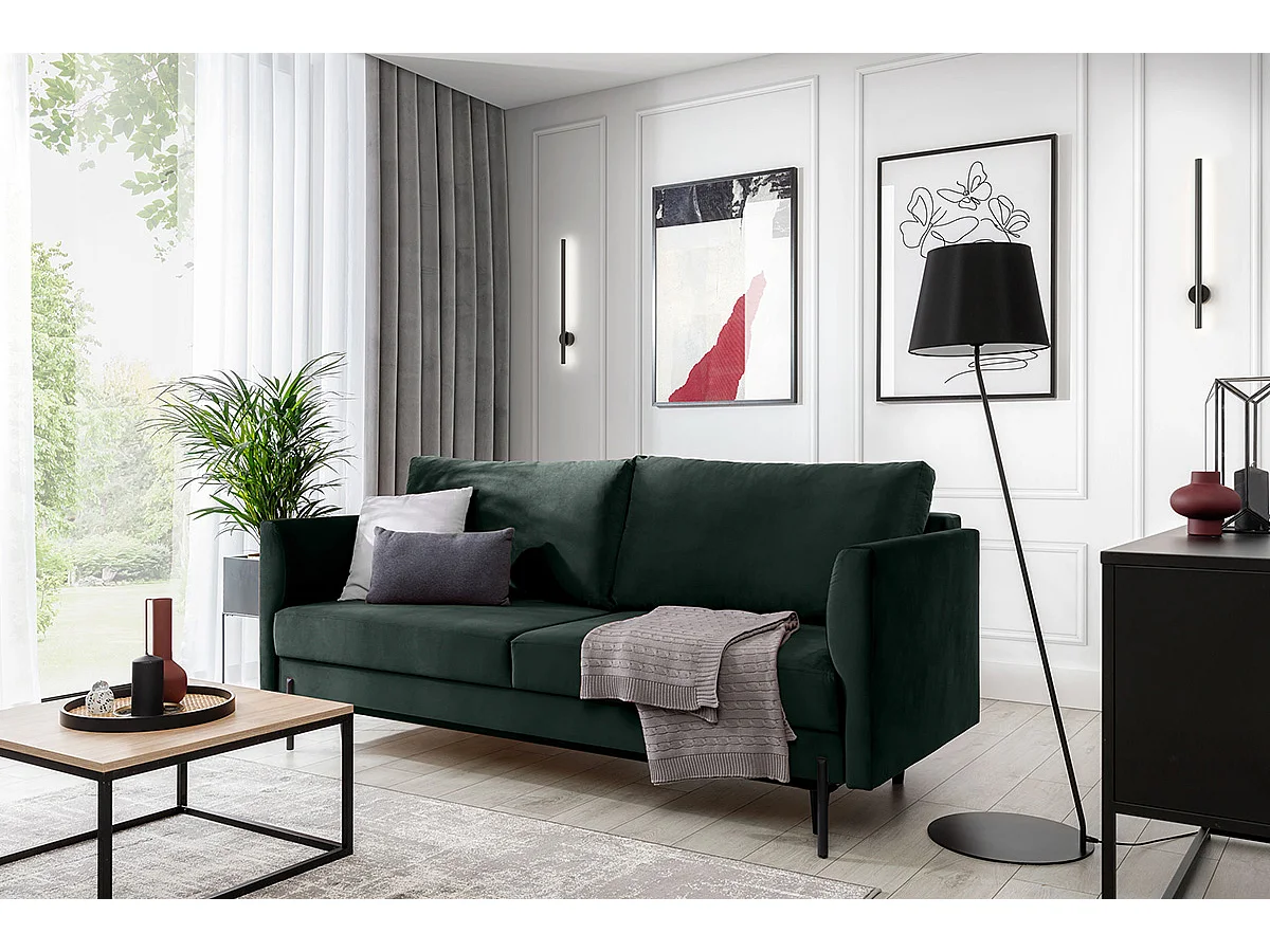 Canapé convertible en velours ROBBY – Rangement et pieds métal noir-Vert épinard