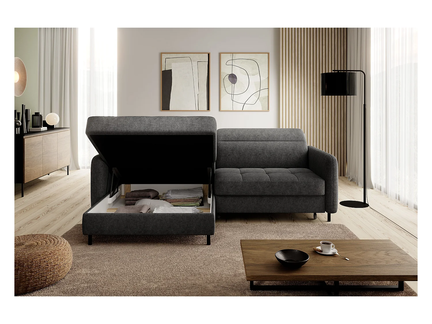 Petit canapé d’angle convertible tissu Kunder-Gris foncé-angle gauche