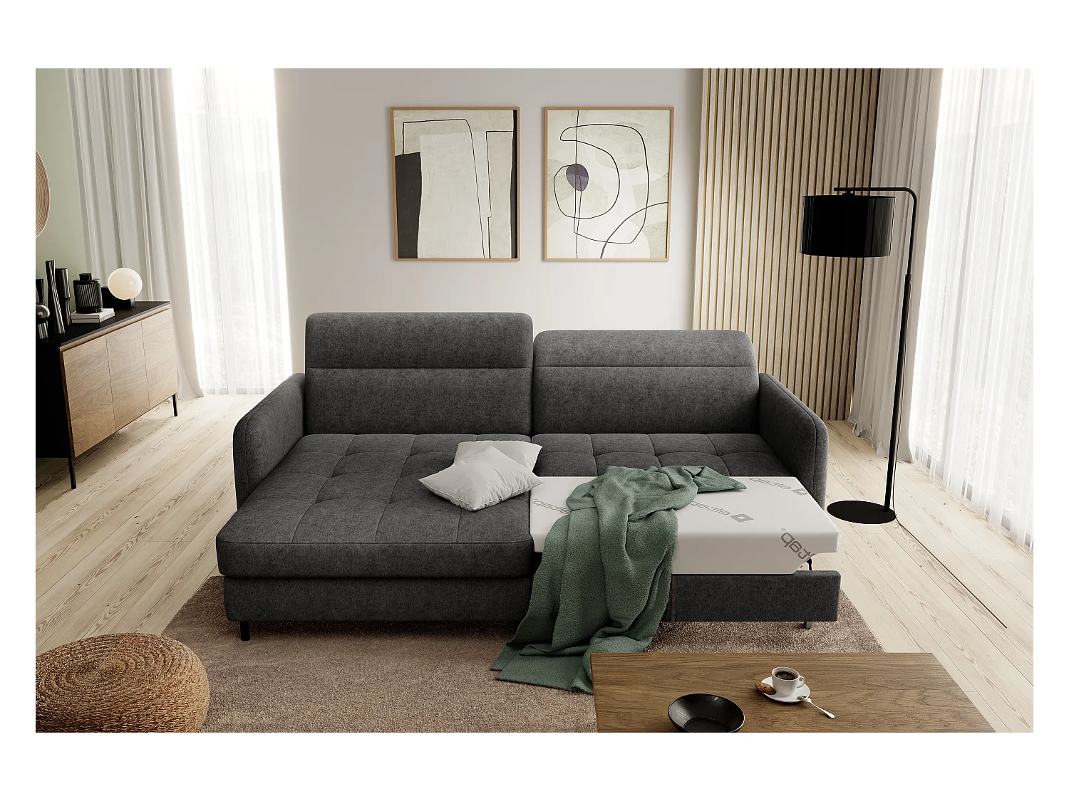 Petit canapé d’angle convertible tissu Kunder-Gris foncé-angle gauche