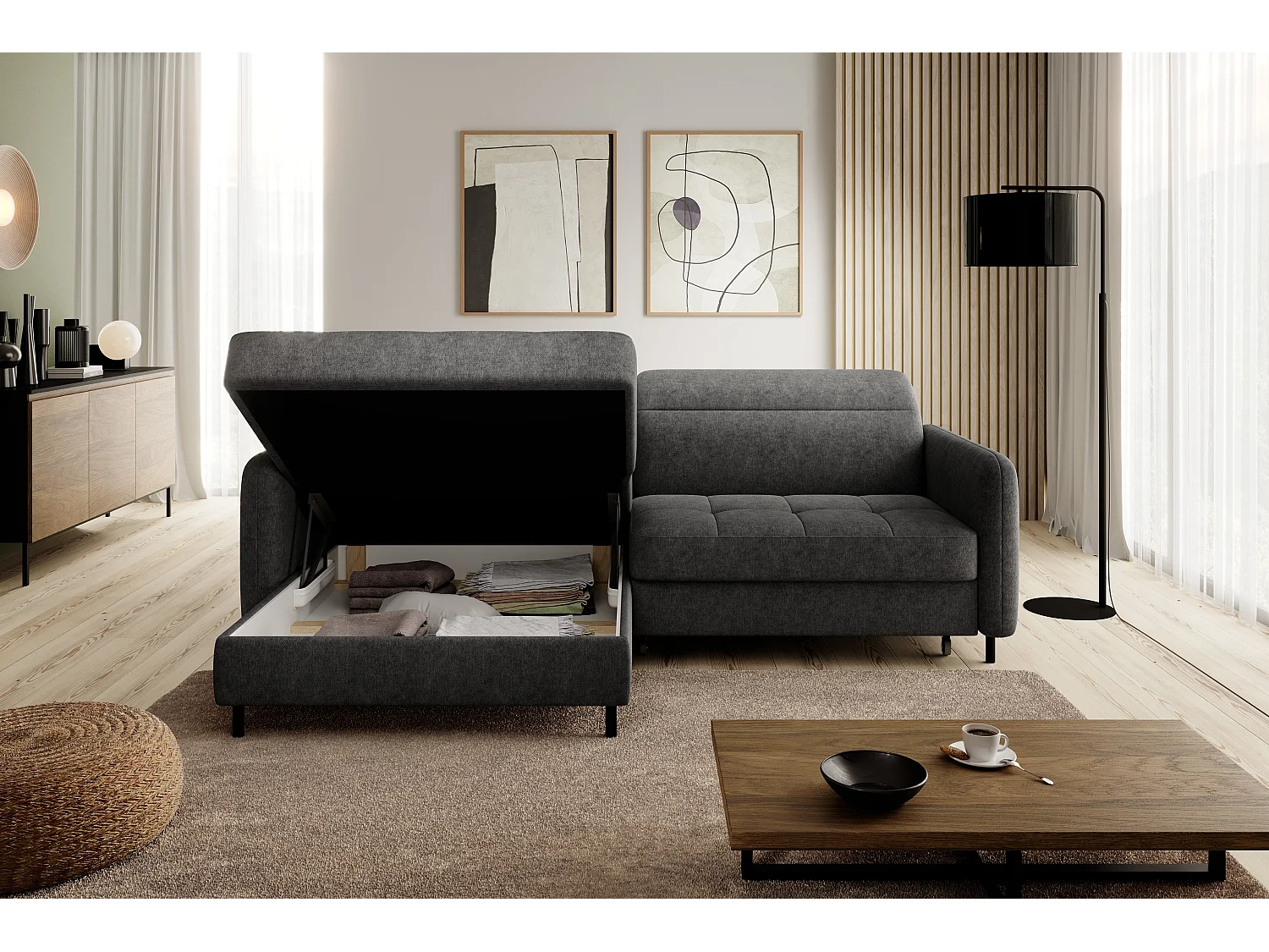 Petit canapé d’angle convertible tissu Kunder-Gris foncé-angle gauche