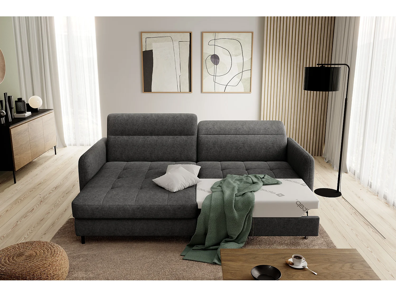 Petit canapé d’angle convertible tissu Kunder-Gris foncé-angle gauche