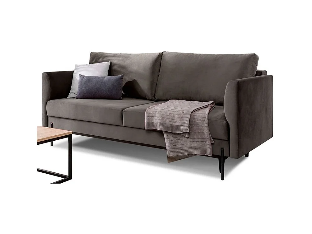 Canapé convertible en velours ROBBY – Rangement et pieds métal noir-Gris taupe