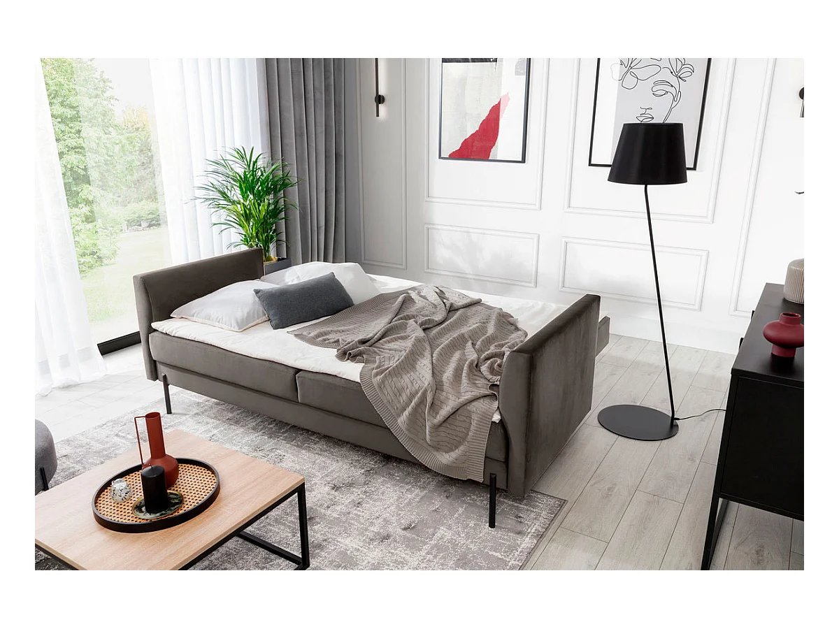 Canapé convertible en velours ROBBY – Rangement et pieds métal noir-Gris taupe