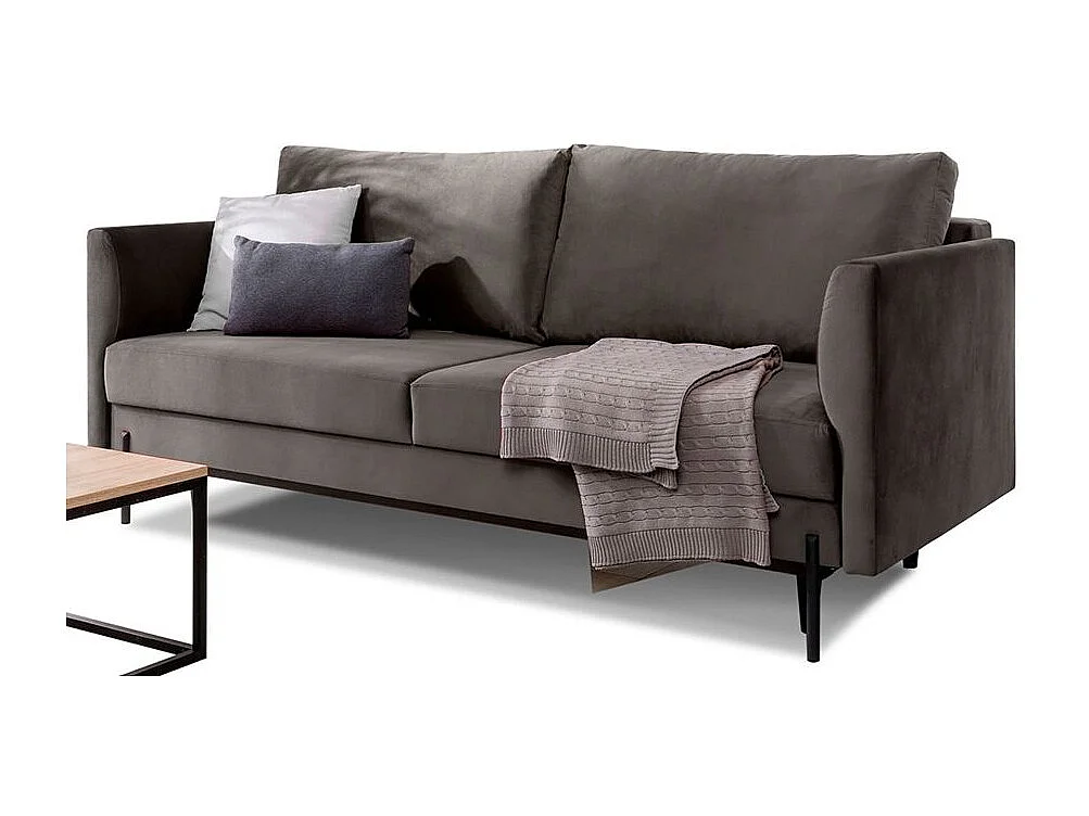 Canapé convertible en velours ROBBY – Rangement et pieds métal noir-Gris taupe