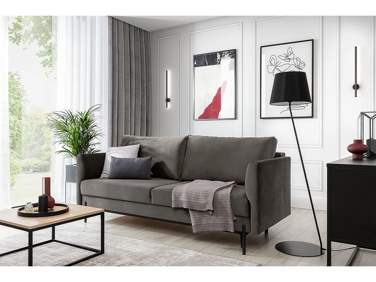 Canapé convertible en velours ROBBY – Rangement et pieds métal noir-Gris taupe